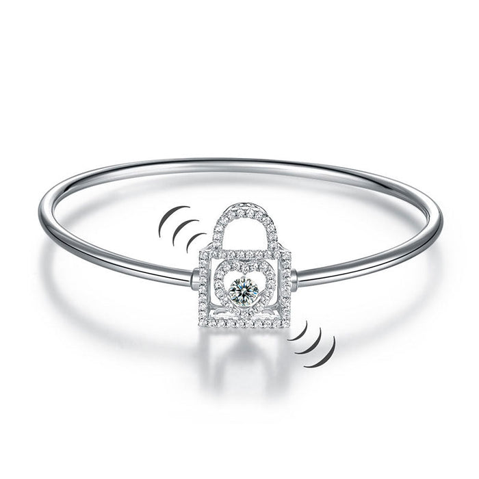 Heart Lock Dancing Stone Bangle Solid 925 Sterling Silver Good for Bridal Bridesmaid Gift XFB8011