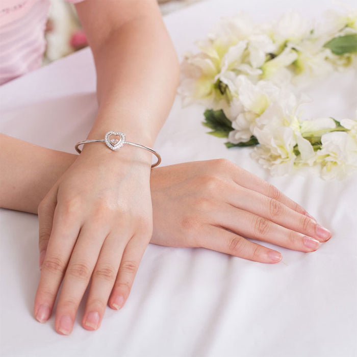 Dancing Stone Heart Bangle Solid 925 Sterling Silver Bridal Wedding XFB8014