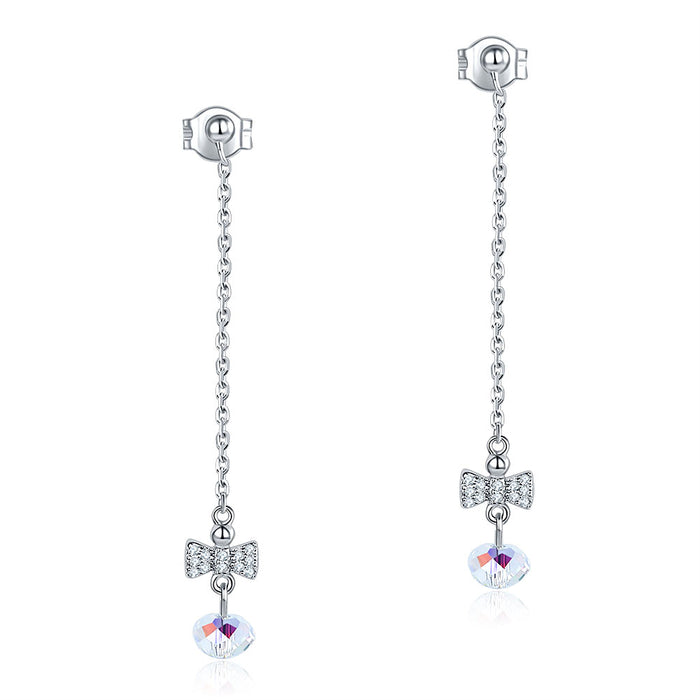 Solid 925 Sterling Silver Drop Dangle Ribbon AB Crystal Earrings