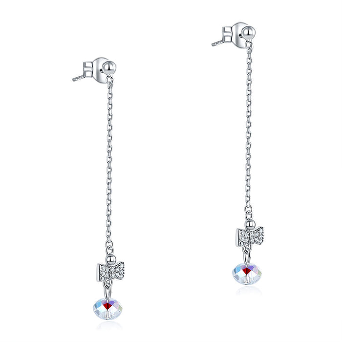 Solid 925 Sterling Silver Drop Dangle Ribbon AB Crystal Earrings