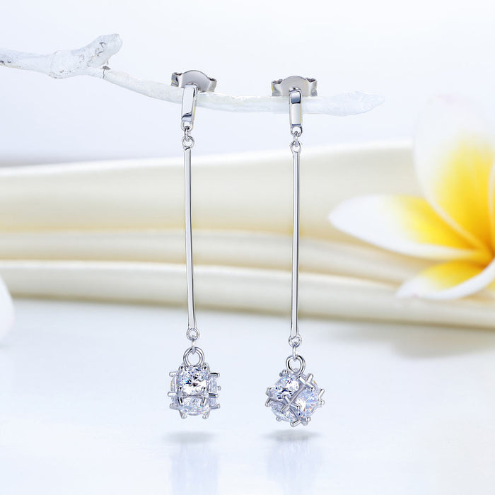Elegant Solid 925 Sterling Silver Earrings Dangle Cube Simulated Diamonds