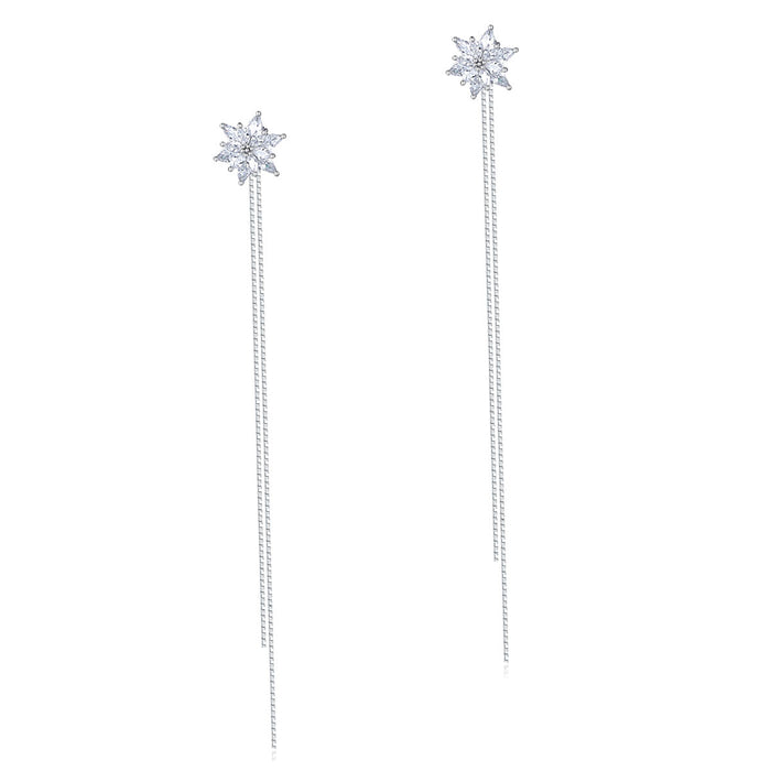 Long Elegant Solid 925 Sterling Silver Earrings Flowers Simulated Diamonds XFE8159