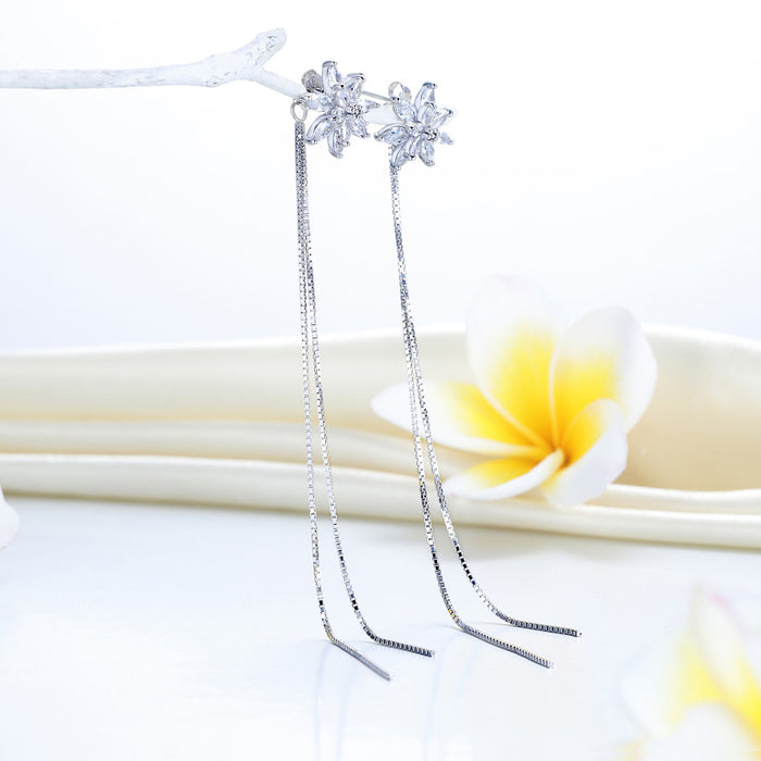 Long Elegant Solid 925 Sterling Silver Earrings Flowers Simulated Diamonds XFE8159