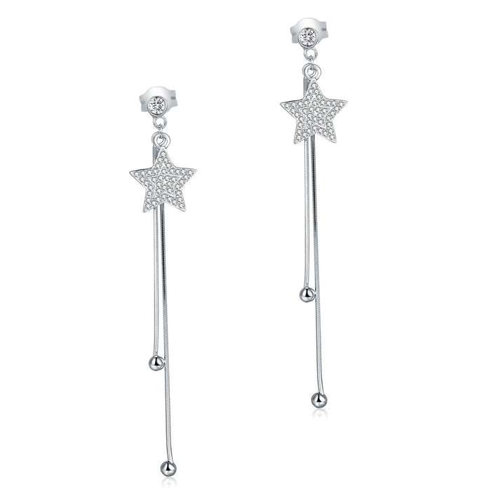 Long Elegant Solid 925 Sterling Silver Earrings Star Simulated Diamonds