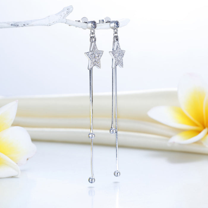 Long Elegant Solid 925 Sterling Silver Earrings Star Simulated Diamonds