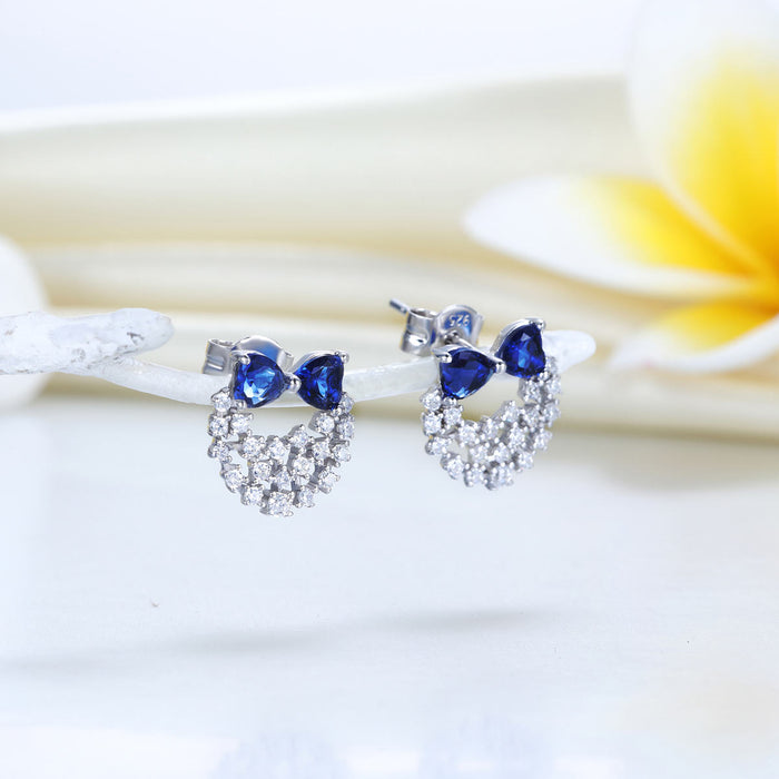 Solid 925 Sterling Silver Stud Earrings Blue Simulated Diamonds