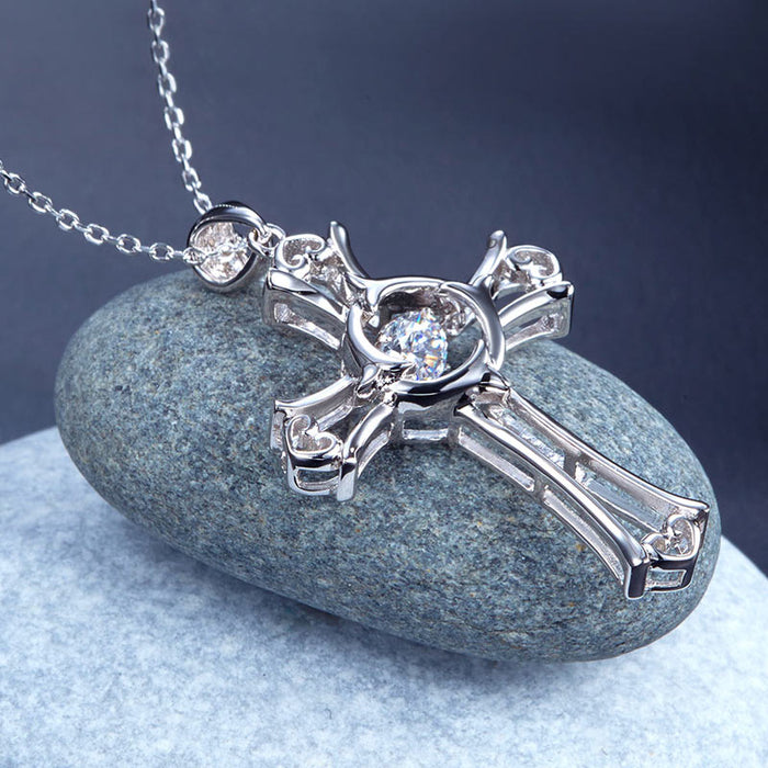 Dancing Stone Heart Cross Pendant Necklace 925 Sterling Silver XFN8049