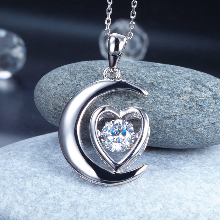 Dancing Stone Moon Heart Pendant Necklace 925 Sterling Silver Good for Bridal Bridesmaid Gift XFN8056