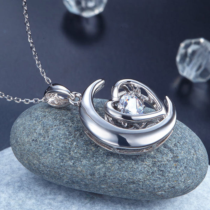 Dancing Stone Moon Heart Pendant Necklace 925 Sterling Silver Good for Bridal Bridesmaid Gift XFN8056