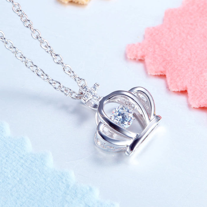Crown Dancing Stone Kids Girl Pendant Necklace Solid 925 Sterling Silver Children Jewelry XFN8071