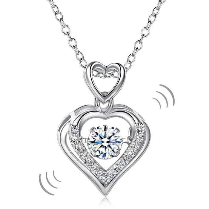 Double Heart Dancing Stone Pendant Necklace 925 Sterling Silver Good for Wedding Bridesmaid Gift XFN8079