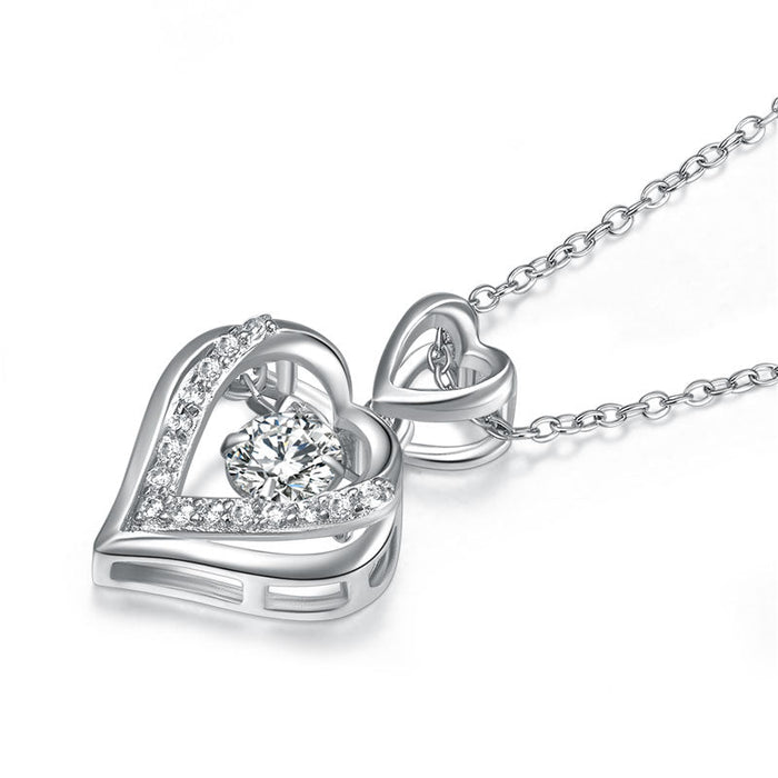 Double Heart Dancing Stone Pendant Necklace 925 Sterling Silver Good for Wedding Bridesmaid Gift XFN8079