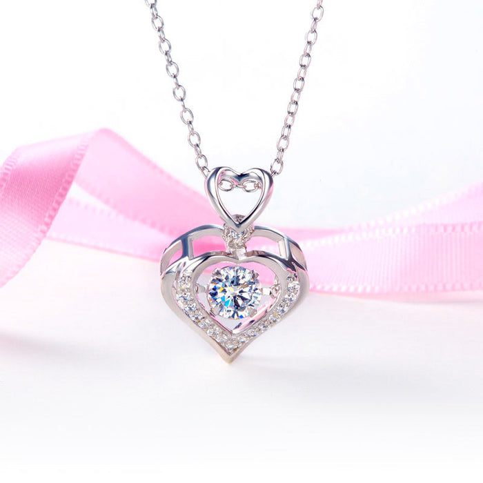 Double Heart Dancing Stone Pendant Necklace 925 Sterling Silver Good for Wedding Bridesmaid Gift XFN8079