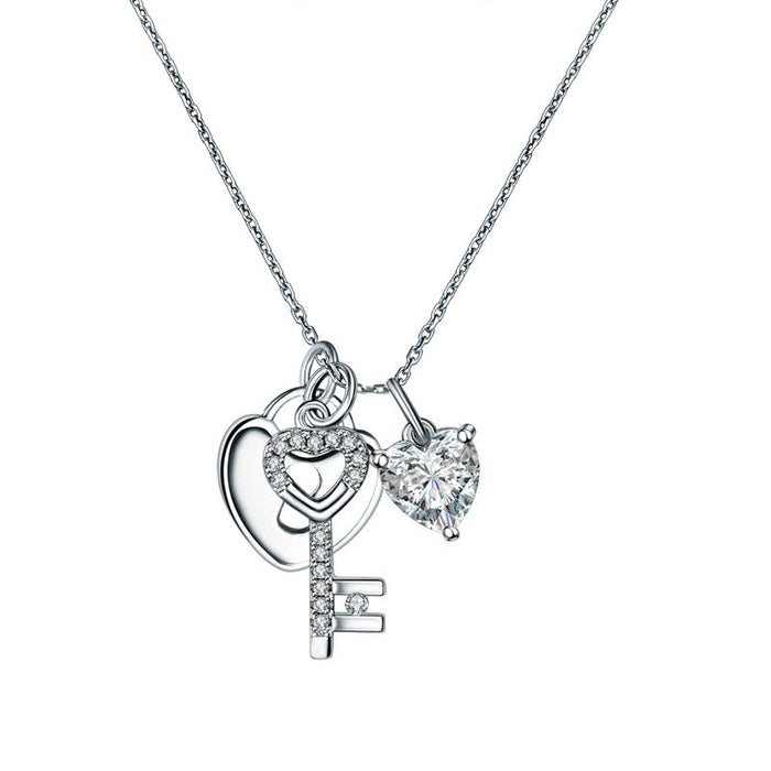 Love Heart Lock Key 925 Sterling Silver Pendant Necklace 1.5 Carat Simulated Diamond XFN8083