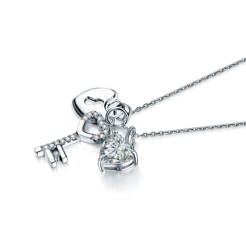 Love Heart Lock Key 925 Sterling Silver Pendant Necklace 1.5 Carat Simulated Diamond XFN8083