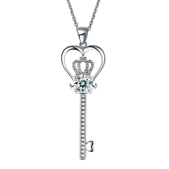 Love Heart Crown Key 925 Sterling Silver Pendant Necklace Simulated Diamond Jewelry 1.25 Carat XFN8085