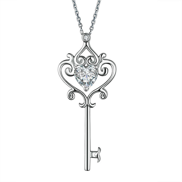 Love Heart Key 925 Sterling Silver Pendant Necklace Vintage Style 1.5 Carat Simulated Diamond XFN8086
