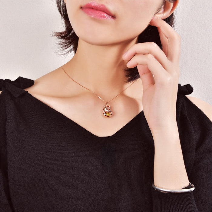 Lucky Cat Dancing Stone Pendant Necklace 925 Sterling Silver Rose Gold Plated XFN8098