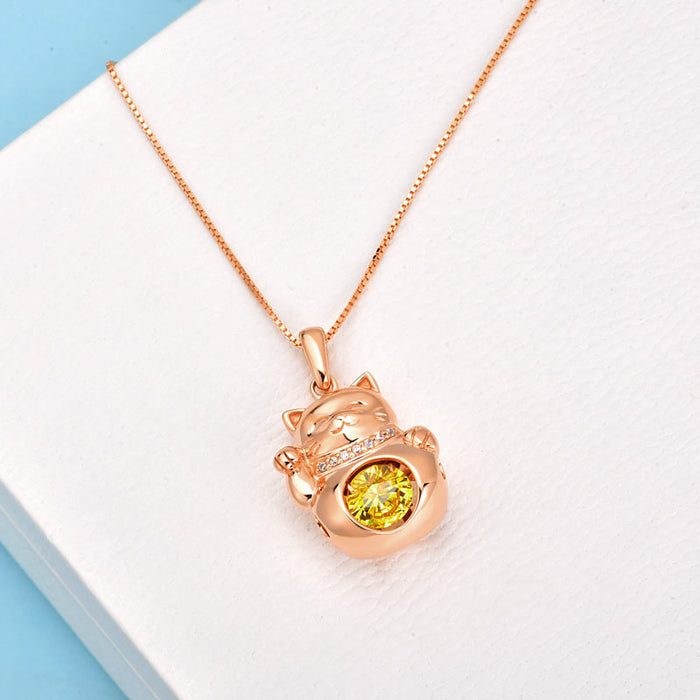 Lucky Cat Dancing Stone Pendant Necklace 925 Sterling Silver Rose Gold Plated XFN8098
