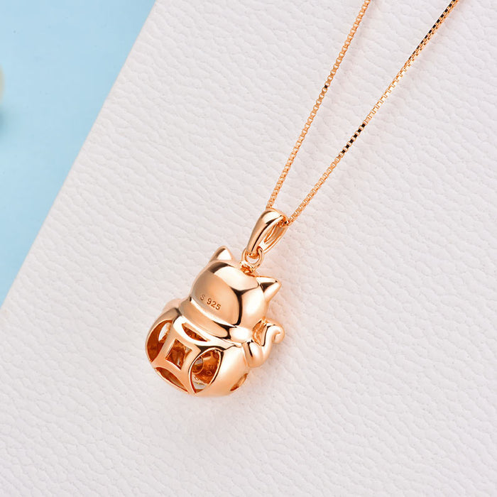 Lucky Cat Dancing Stone Pendant Necklace 925 Sterling Silver Rose Gold Plated XFN8098