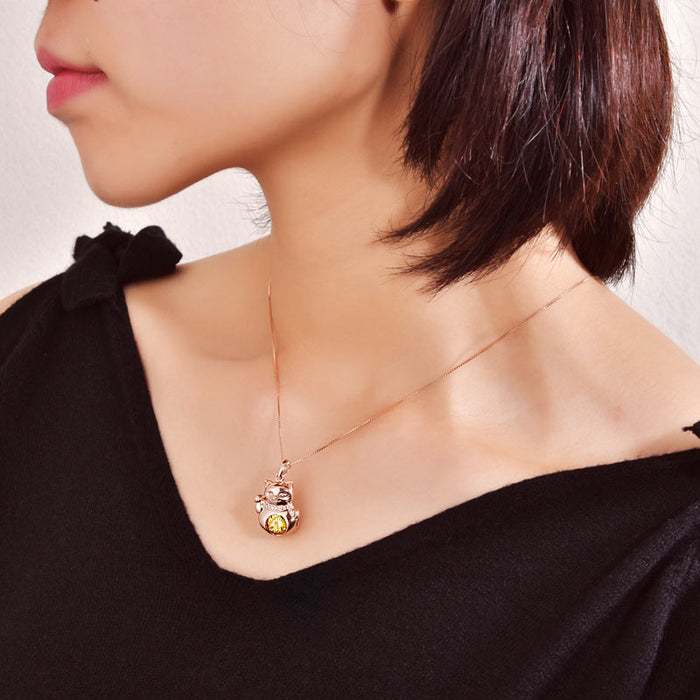 Lucky Cat Dancing Stone Pendant Necklace 925 Sterling Silver Rose Gold Plated XFN8098