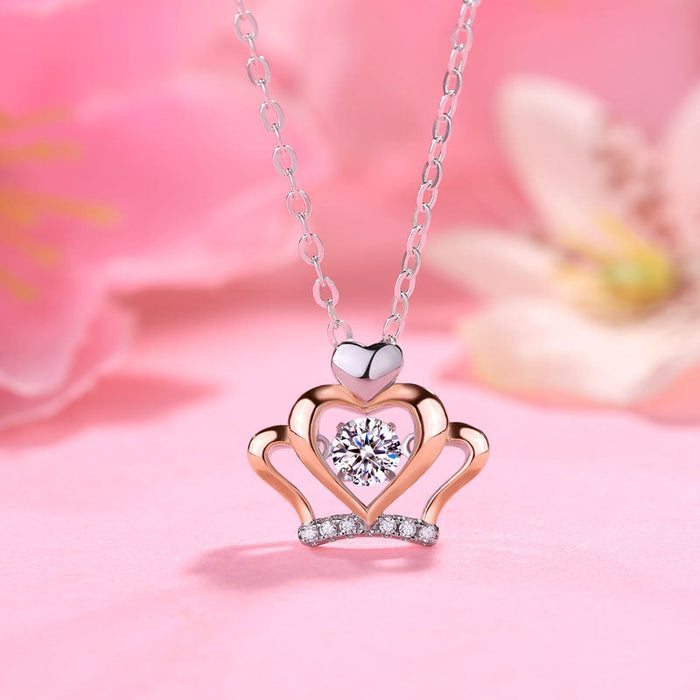 0.3 Carat Moissanite Diamond Dancing Stone Heart Crown Necklace 925 Sterling Silver MFN8145