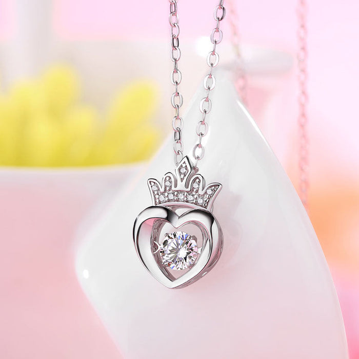0.4 Carat Moissanite Diamond Dancing Stone Heart Crown Necklace 925 Sterling Silver MFN8147
