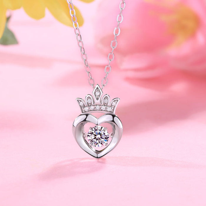 0.4 Carat Moissanite Diamond Dancing Stone Heart Crown Necklace 925 Sterling Silver MFN8147