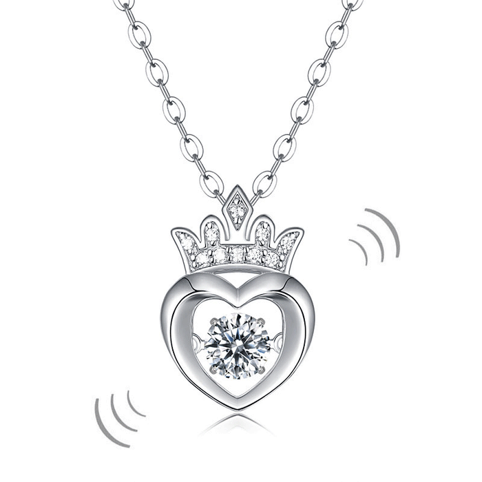 0.4 Carat Moissanite Diamond Dancing Stone Heart Crown Necklace 925 Sterling Silver MFN8147