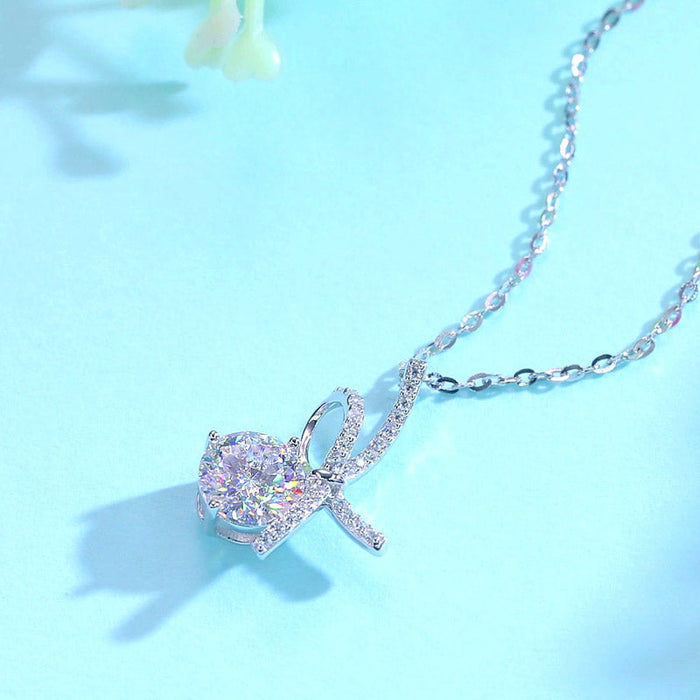 1 Carat Moissanite Diamond Ribbon Pendant Necklace 925 Sterling Silver MFN8155
