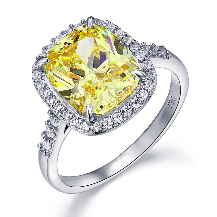 Solid 925 Sterling Silver Luxury Engagement Ring 6 ct Cushion Cut Yellow Canary Simulated Diamante Jewelry XFR8151