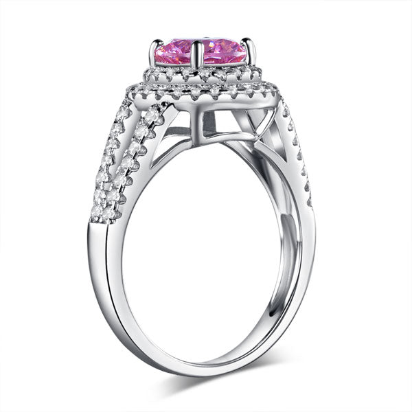 Double Halo 925 Sterling Silver Wedding Engagement Ring 1.25 Ct Fancy Pink Simulated Diamond Promise Anniversary XFR8252