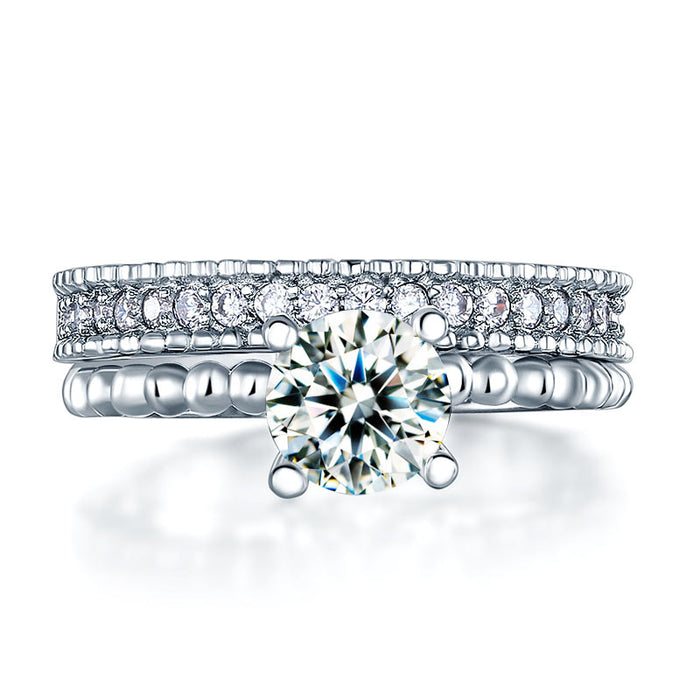 Solid 925 Sterling Silver 2-Pcs Wedding Engagement Ring Set 1 Ct Simulated Diamante Jewelry XFR8276