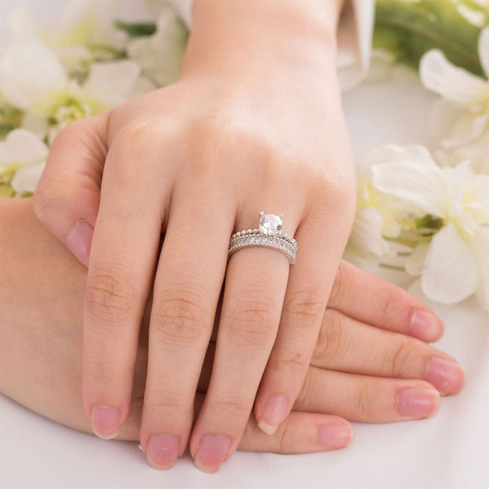 Solid 925 Sterling Silver 2-Pcs Wedding Engagement Ring Set 1 Ct Simulated Diamante Jewelry XFR8276