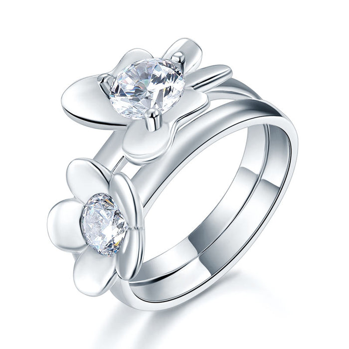 Solid 925 Sterling Silver 2-Pcs Butterfly Flower Ring Set Lady Jewelry 2017 New Design XFR8281