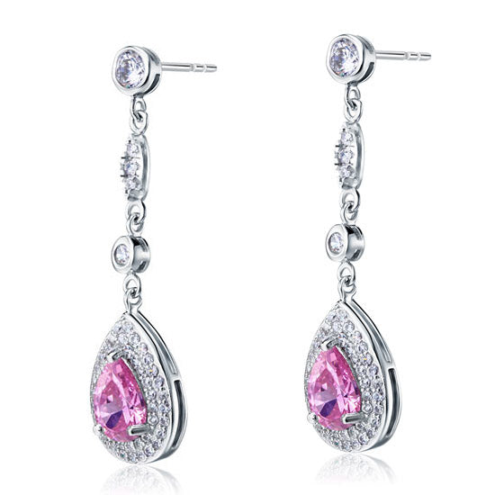 1.5 Carat Pear Cut Pink Simulated Sapphire 925 Sterling Silver Dangle Earrings XFE8057