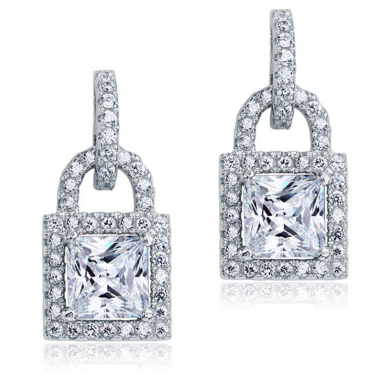 Simulated Diamond Dangle Drop Key Lock Sterling 925 Silver Earrings XFE8080