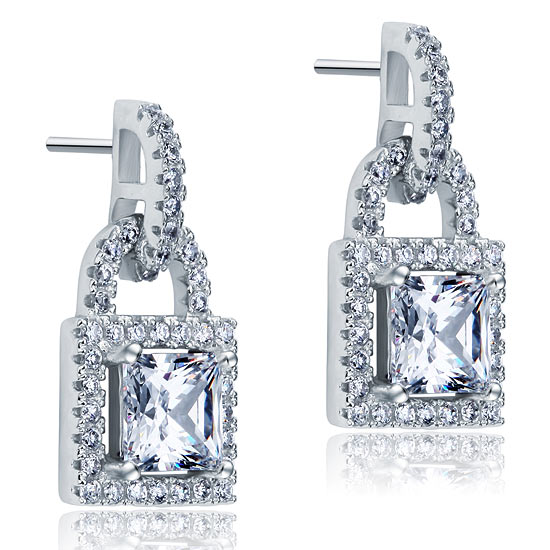 Simulated Diamond Dangle Drop Key Lock Sterling 925 Silver Earrings XFE8080