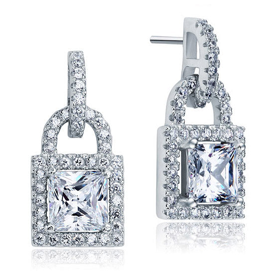Simulated Diamond Dangle Drop Key Lock Sterling 925 Silver Earrings XFE8080