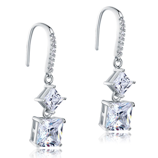 2 Carat Princess Cut Simulated Diamond Dangle Drop 925 Sterling Silver Earrings XFE8101