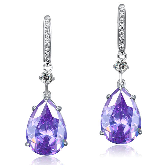 Purple Pear Simulated Sapphire 925 Sterling Silver Dangle Hook Earrings XFE8111