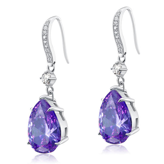 Purple Pear Simulated Sapphire 925 Sterling Silver Dangle Hook Earrings XFE8111