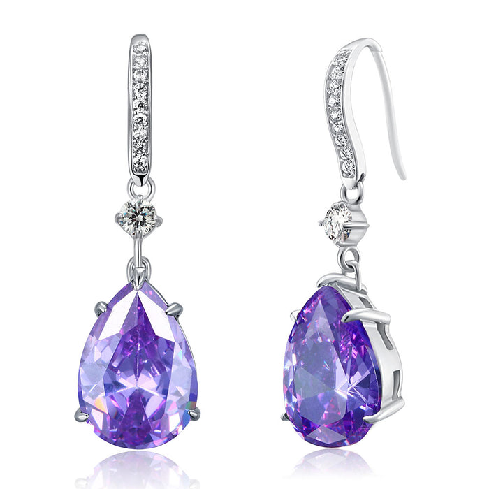 Purple Pear Simulated Sapphire 925 Sterling Silver Dangle Hook Earrings XFE8111