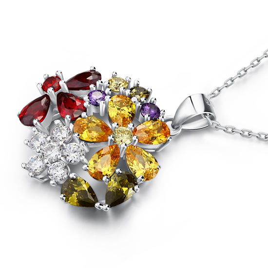 3.5 Carat Multi-Color Simulated Topaz Flower 925 Sterling Silver Pendant Necklace XFN8015
