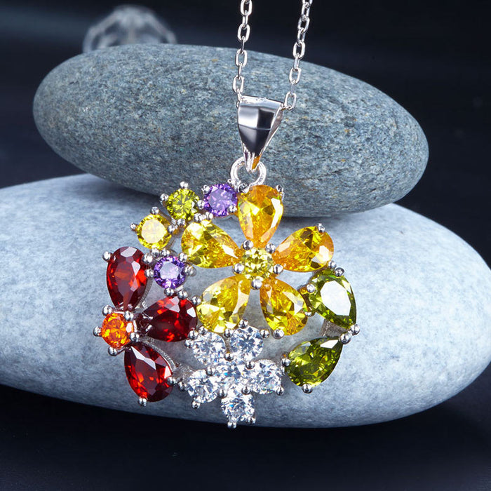 3.5 Carat Multi-Color Simulated Topaz Flower 925 Sterling Silver Pendant Necklace XFN8015