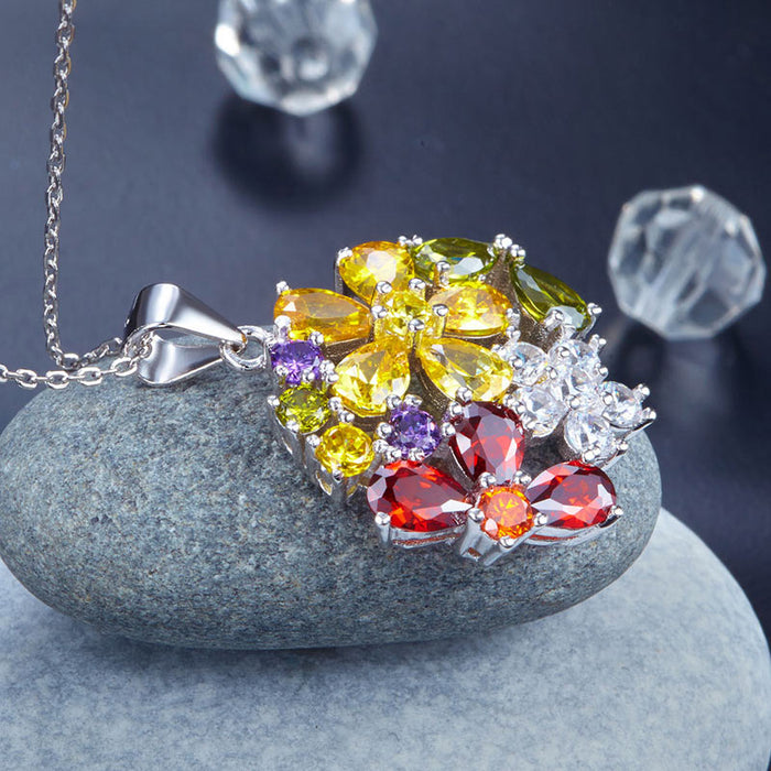 3.5 Carat Multi-Color Simulated Topaz Flower 925 Sterling Silver Pendant Necklace XFN8015