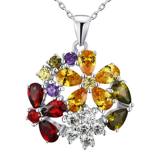3.5 Carat Multi-Color Simulated Topaz Flower 925 Sterling Silver Pendant Necklace XFN8015