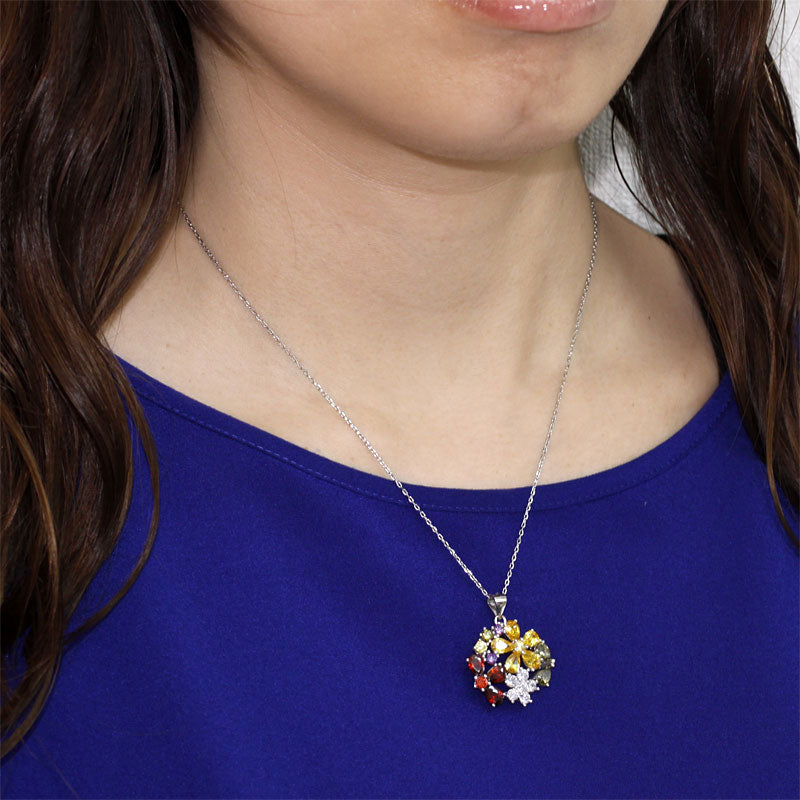 3.5 Carat Multi-Color Simulated Topaz Flower 925 Sterling Silver Pendant Necklace XFN8015