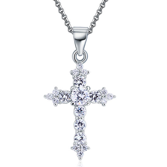 Round Cut Simulated  Diamond 925 Sterling Silver Cross Pendant Necklace XFN8028