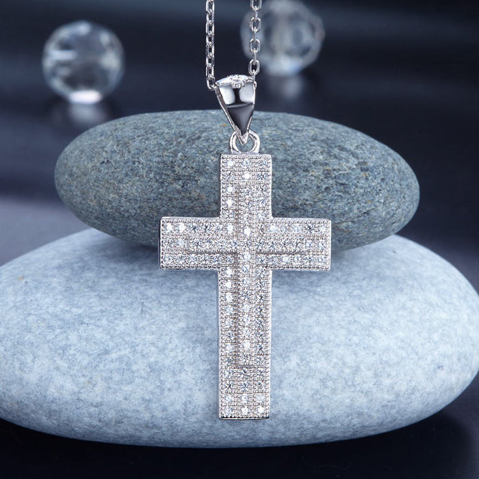 Micro Setting Cubic Zirconia 925 Sterling Silver Cross Pendant Necklace XFN8039